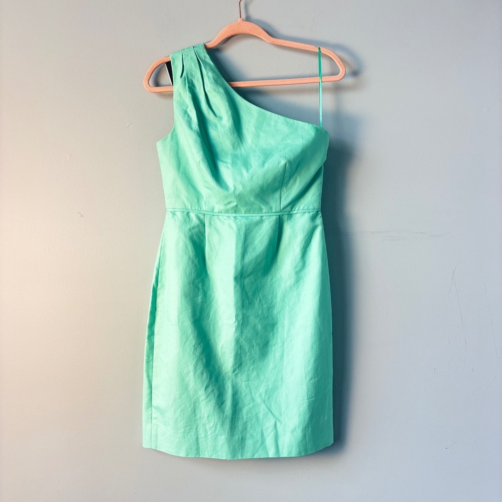 J.Crew Mint Green One Shoulder Cotton Silk Cocktail Dress Sheath Pleated 4 NWT